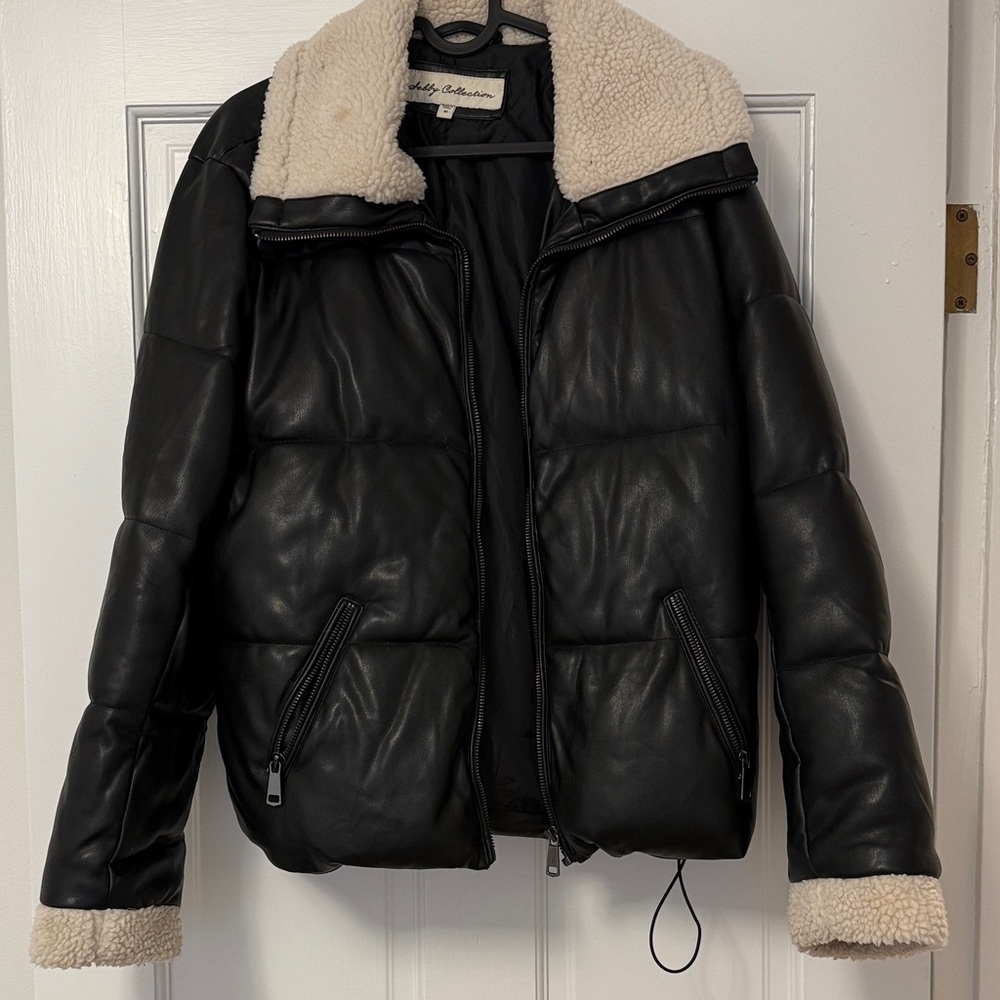 leather Black Puffer Jacket with Cream Accents